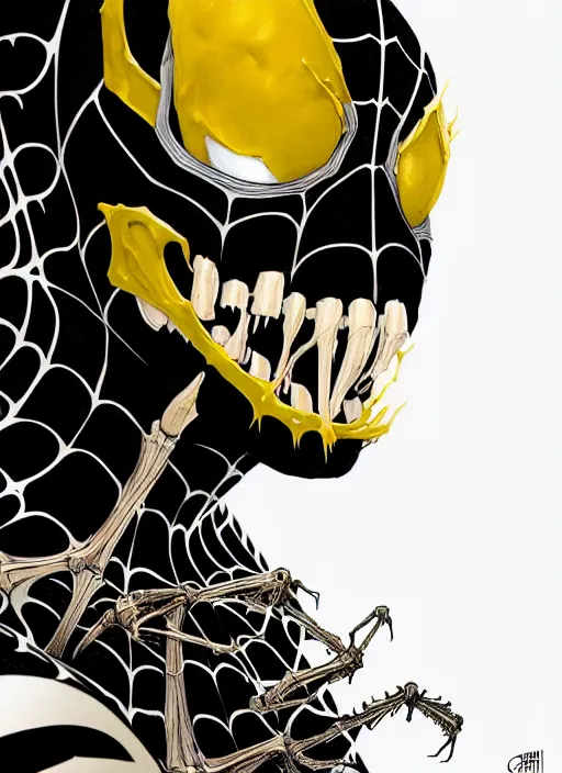 Image similar to highly detailed closeup portrait of a cyborg venom symbiote in spiderman suit with skeleton skull head, black hoodie by atey ghailan, by greg rutkowski, by greg tocchini, by james gilleard, by joe fenton, by kaethe butcher, gradient, yellow, black, brown and white color scheme, grunge aesthetic!!! white graffiti tag wall background