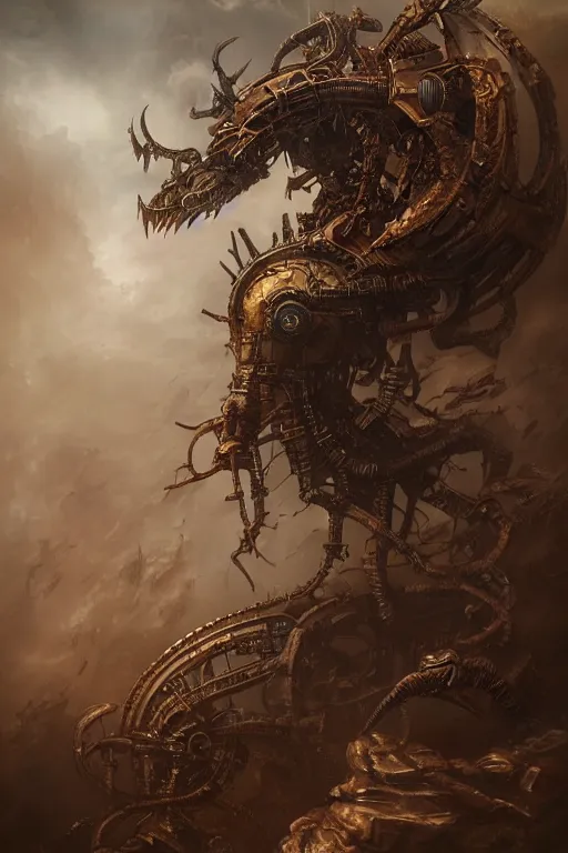 Image similar to Epic Abstract tech close up action scene of a old steampunk human warrior riding a gigantic etheral wyrm, horror, volumetric clouds, focus, detailed, realistic eyes, symmetric body features proportions, intricate details, award winning, unreal render, by Tom Bagshaw