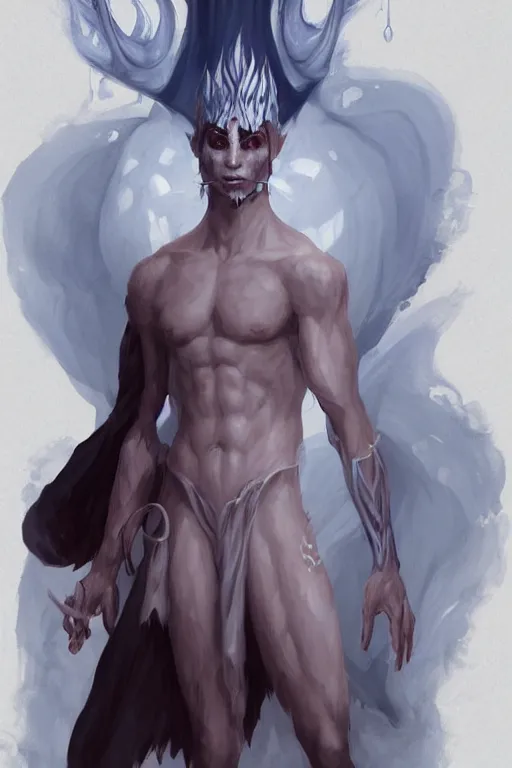 Image similar to djinn man male demon, portrait, full body character concept art, costume design, illustration, white horns from eyebrows, single face, cinematic color grading, editorial photo, fashion, hyperrealism, trending on artstation, Charlie Bowater, WLOP