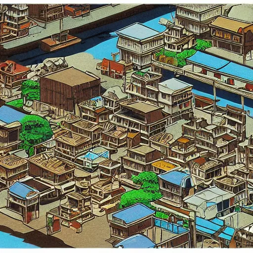 Image similar to japanese fishing town, japanese city, underground city, 2 0 0 1 anime, cel - shading, compact buildings, sepia sunshine