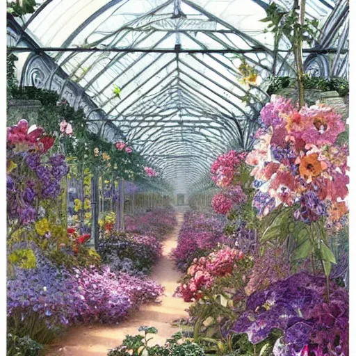 Image similar to a beautifull intricate watercolour painting of a greenhouse with many flowers, reflexions, verry high details by william turner art, greg rutkowski and alphonse mucha, trending on artstation, very very detailed, masterpiece