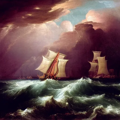 Image similar to an oil painting of an xviii century ship at sea during a thunderstorm, highly detailed, 4 k, painted by thomas cole