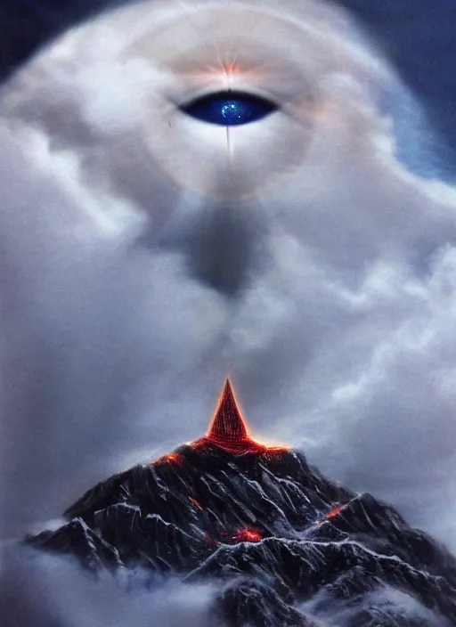 Image similar to the eye of sauron above the clouds, highly detailed,