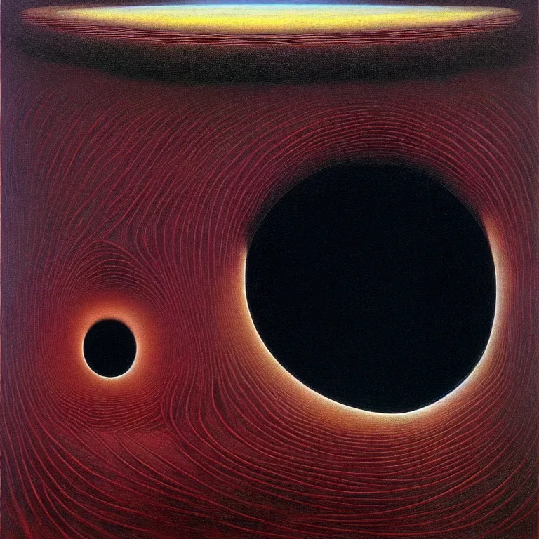 Image similar to a man looks into his own painting and sees a black hole, by zdzisław beksinski and salvador dali, surreal, oil on canvas, hyper detailed