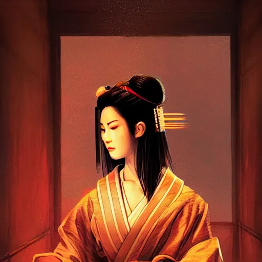 Image similar to portrait of geisha, atmospheric lighting, painted, intricate, volumetric lighting, beautiful, rich deep colours masterpiece, sharp focus, ultra detailed, in the style of Dan Mumford and marc simonetti, futuristic temple in the background,