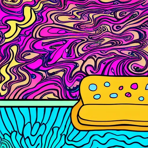 Image similar to psychedelic trippy couch in space, experimental mess, transitioning couch, non discrete couch, musical couch, small but dominant couch, wavy trippy world couch, rice burger couch, steak and eggs couch, hairless, bald, shaven couch, no eyebrows, skin couch, weird people couch