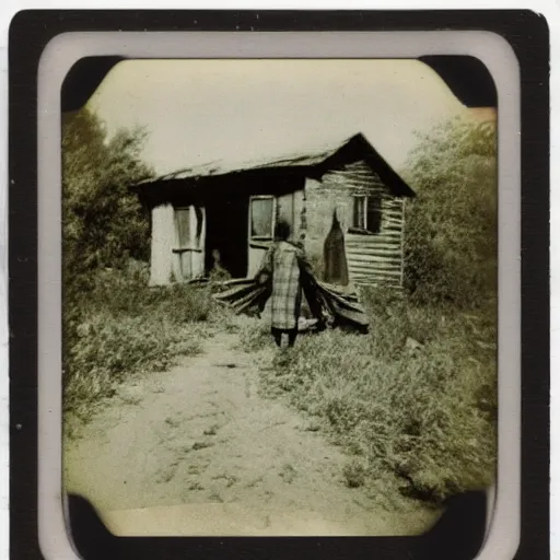 Prompt: polaroid of patchwork cloth man walking by old cabin