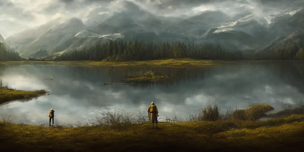 Prompt: beautiful landscape of small lake at midday with distant mountains and close - up of a bald symmetric man in medieval armor, ultra realistic, highly detailed, hd, sharp focus, cinematic lighting, realistic, vivid colors, gritty, matt painting, digital art, non blurry, sharp, artstation, concept art, smooth, illustration