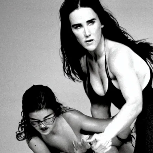 Image similar to young jennifer connelly wrestling a banana