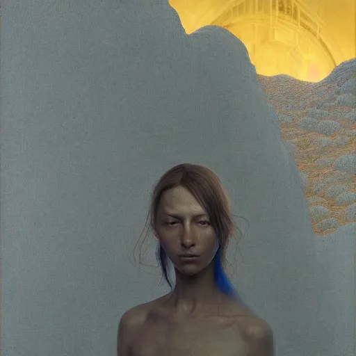 Image similar to Portrait Masterpiece, Thom Yorke, yellow, golden halo behind her head, wires everywhere, by Edgar Maxence and Ross Tran, Zdzisław Beksiński, and Michael Whelan, distant, gustav dore, H.R. Giger, 8k, octane render