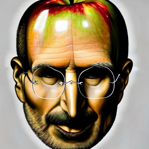 Image similar to apples arranged in the shape of a face resembling steve jobs, fantasy, intricate, elegant, highly detailed, lifelike, photorealistic, digital painting, artstation, illustration, smooth, sharp focus, art by giuseppe arcimboldo