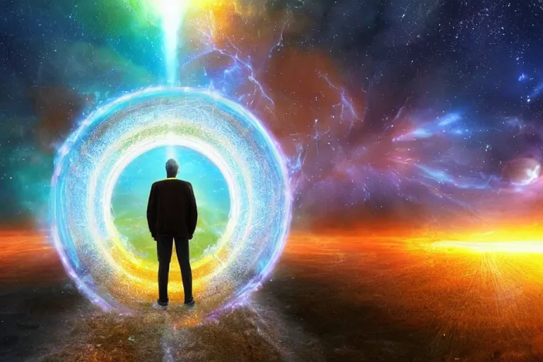 Prompt: a man open a multiversal portal to a perfect reality,