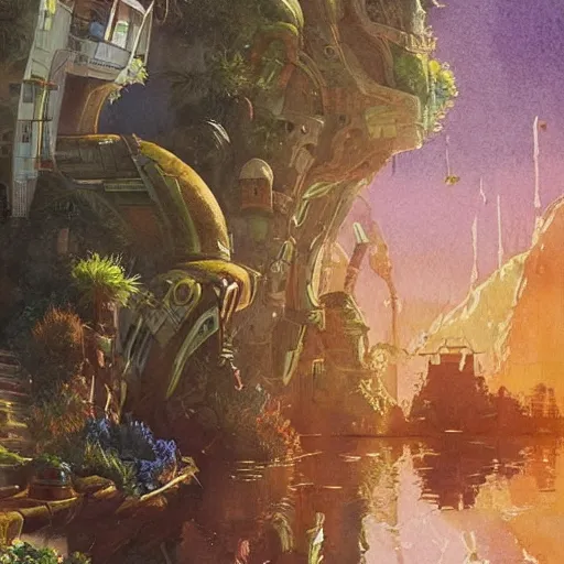 Image similar to Beautiful happy picturesque charming sci-fi town in harmony with nature. Beautiful light. Water and plants. Nice colour scheme, soft warm colour. Beautiful detailed artistic watercolor by Vincent Bons. (2022)