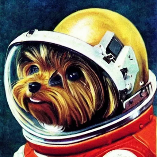 Image similar to A Yorkshire Terrier in a space suit, its face, smiling, clearly visible inside the helmet, art by Norman Rockwell, art by William Buguerau /imagine https://discord.com/channels/1002292111942635562/1005628033945837620/1006191040228753459