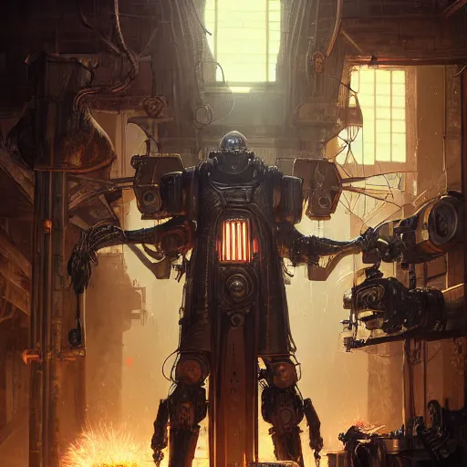 Image similar to portrait of adeptus mechanicus techpriest at a forge, by cedric peyravernay and feng zhu, highly detailed, excellent composition, cinematic concept art, dramatic lighting, trending on artstation