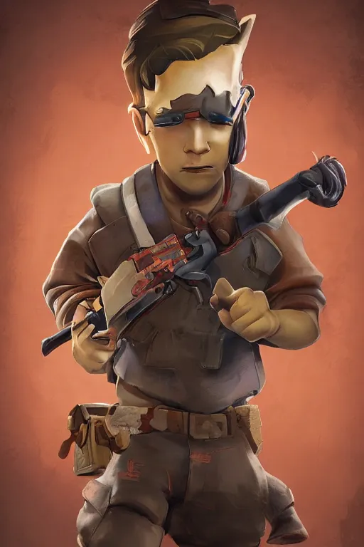 Image similar to beautiful highly detailed realistic stylized portrait of a small boy with a wooden sword, team fortress 2, fortnite, torchlight, heartstone, detailed character art, portrait, trending on artstation