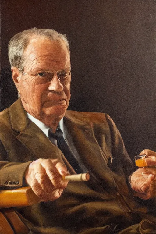 Image similar to retired barney, sitting in a lounge, sipping whiskey and smoking a cigar, oil on canvas, intricate, portrait, 8 k highly professionally detailed, hdr, cgsociety