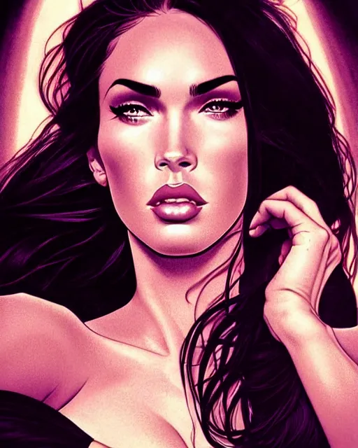 Image similar to low angle closeup beautiful very seductive megan fox retro scifi goddess pinup, action glamour pose, windblown dark hair, hyper detailed, digital art, studio lighting, smooth, ambient lighting, sharp focus, frank miller, wlop, anna dittmann, moebius!, alphonse mucha, patrick nagle!!!, rim lighting, synthwave