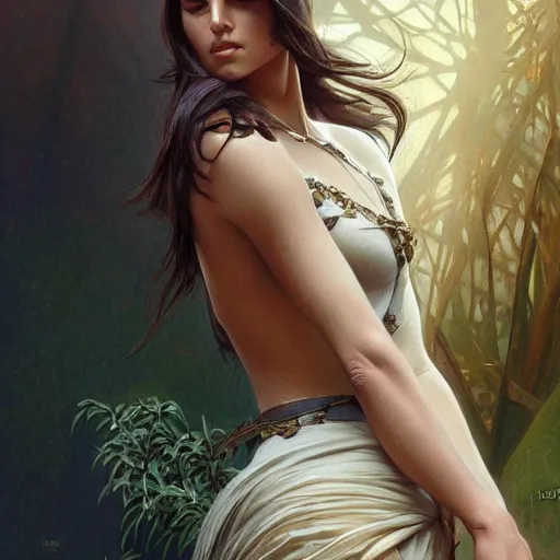 Image similar to Australian Supermodel, olive skin, long dark hair, beautiful bone structure, intricate, elegant, highly detailed, digital painting, artstation, concept art, smooth, sharp focus, illustration, art by artgerm and greg rutkowski and alphonse mucha