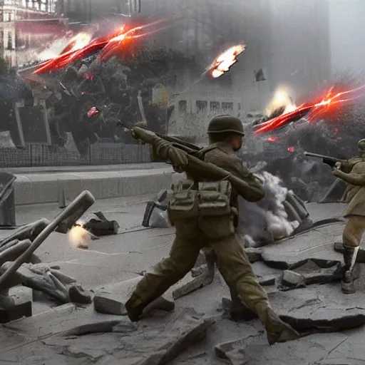 Image similar to The war between the Soviet Union and America, the action takes place in New York, far away against the background of the Statue of Liberty, a lot of soldiers and military equipment, a lot of explosions and tracer bullets, a lot of ruins, a very epic battle, The style of photography of the 80s, very detailed and detailed style