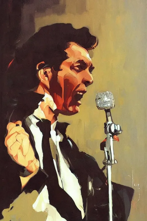 Image similar to kramer holding a microphone on stage, painting by jc leyendecker!! phil hale!, angular, brush strokes, painterly, vintage, crisp