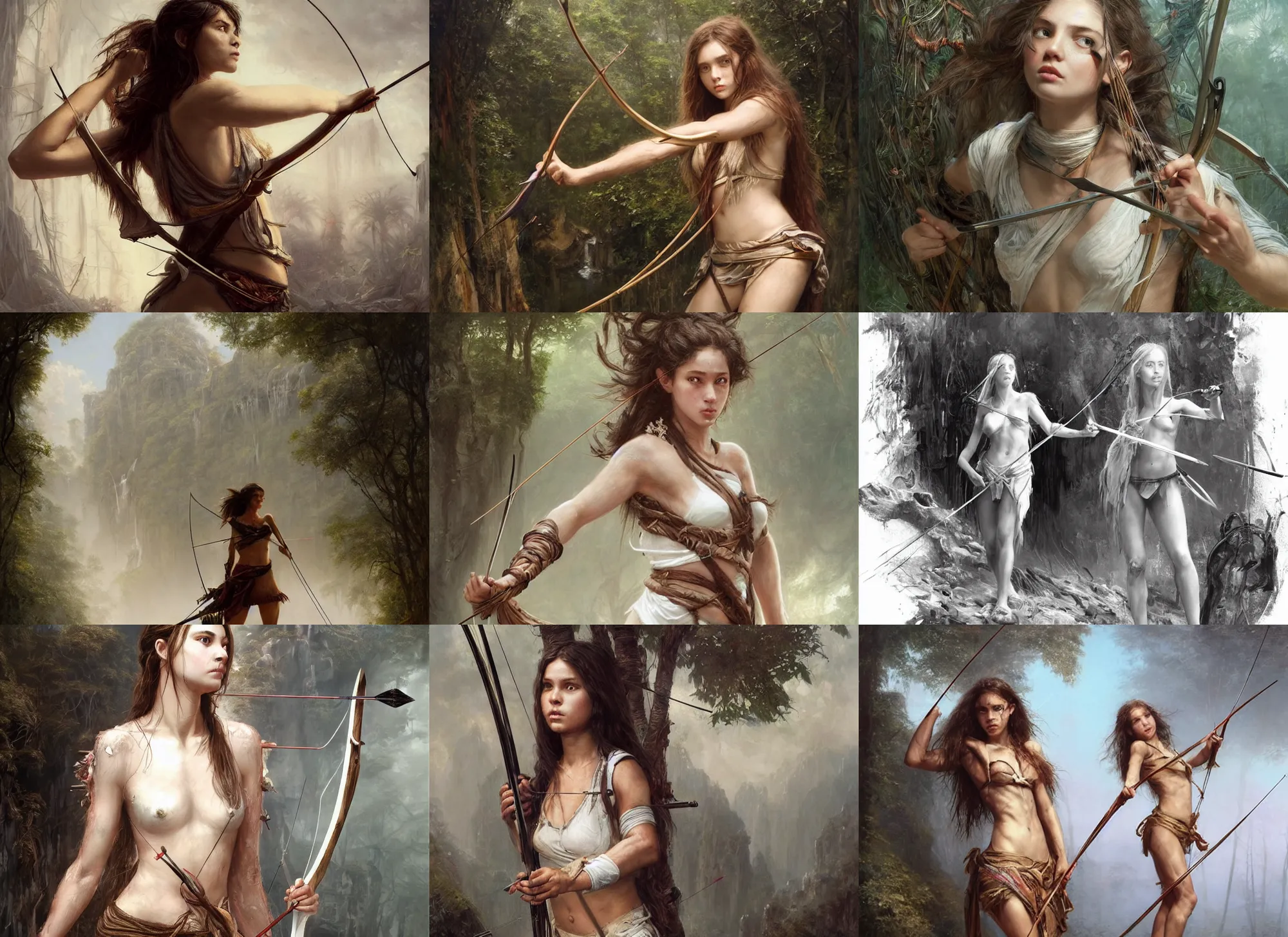 Prompt: artstation concept of a beautiful adventurous girl holding a bow and arrow, sweaty skin, symmetrical face, high body detail, ripped up white garment, jungle background, hyperdetailed, artstation trending, world renowned artists, worth1000.com, cgsociety, by greg rutkowski, by Gustave Doré, by Marco Turini, by Artgerm, Deviantart in the style of Tom Bagshaw, Cedric Peyravernay, Peter Mohrbacher