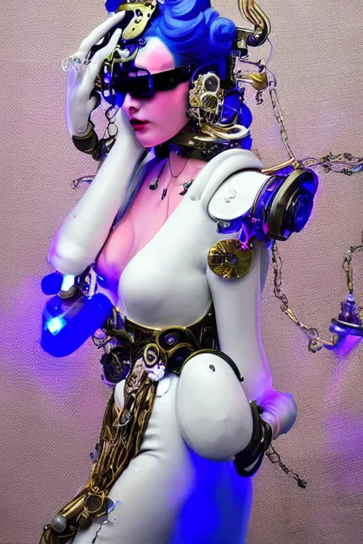 Image similar to full-body porcelain baroque space futuristic style sculpture of a young beautiful goddess as a half-robot wearing cholo shades, blue glowing lips, mechanical fingers, oozing neon radioactive liquid, electric sparks, glowing hot magenta laser beam eyes, blue diamonds, golden steampunk necklace with a glowing white crystal orb, flowing pink satin, industrial fabrics, mechanical plants. baroque and steampunk elements. full-length view. baroque element. intricate artwork by caravaggio. Trending on artstation, octane render, cinematic lighting from the right, hyper realism, octane render, 8k, depth of field, 3D