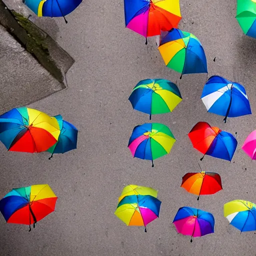 Prompt: a rainbow of umbrellas hovering over an old stone city street