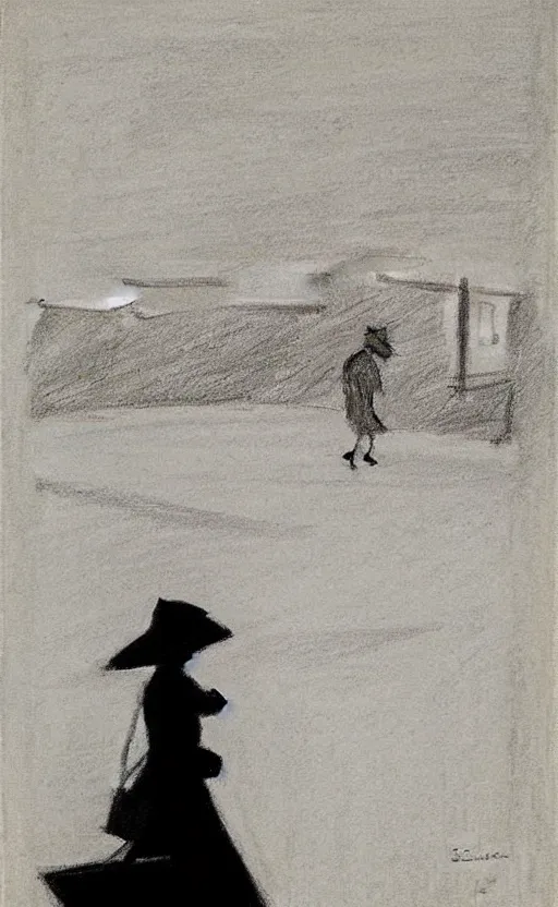 Image similar to black and white silhouette drawing of a person walking, white background by stanhope forbes