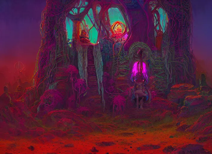 Prompt: A psychedelic portrait of ixitxachitl cleric baba lysaga’s creeping hut , vibrant color scheme, highly detailed, in the style of romanticism, cinematic, artstation, Moebius, Greg rutkowski