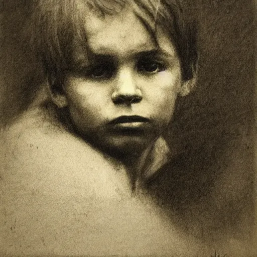 Prompt: portrait drawing of a homeless boy, charcoal, chalk, russian academicism, ilya repin, thomas kennington, dark, mix of hatching and smudging technique, moody, melancholic, hopeless expression