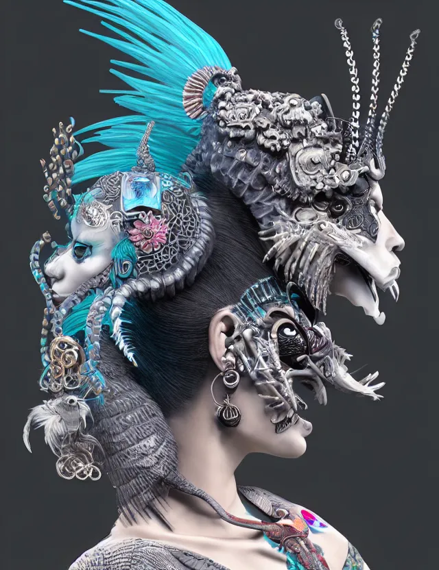 Image similar to 3 d goddess close - up profile portrait punk with mohawk with ram skull. beautiful intricately detailed japanese crow kitsune mask and clasical japanese kimono. betta fish, jellyfish phoenix, bio luminescent, plasma, ice, water, wind, creature, artwork by tooth wu and wlop and beeple and greg rutkowski