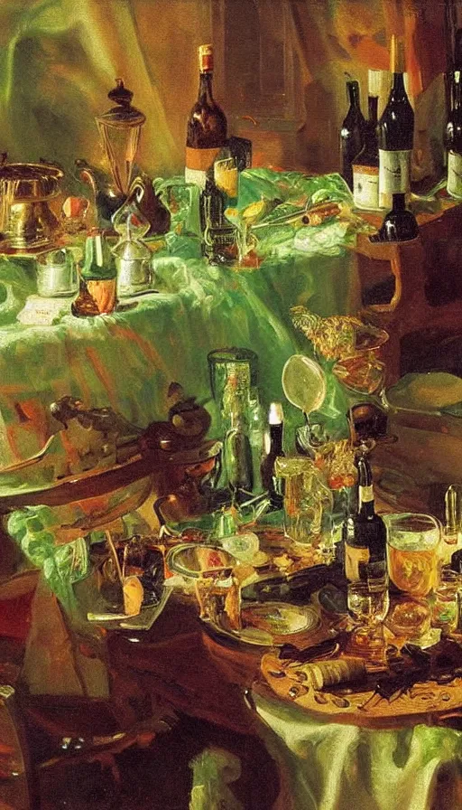 Image similar to still life painting of midsummer party and mysterious green light, by Peder Krøyer, golden hour, dramatic lighting, volumetric lighting, epic, gargantuan, intricate detail, canvas print, wine