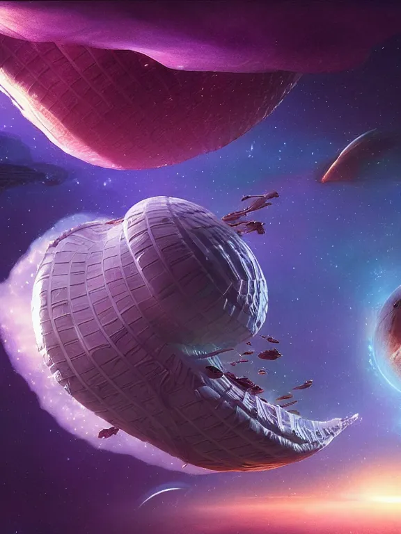 Image similar to round epic coconut spaceship floating in deep space in full of many orchids flowers, galaxy, nebula, epic, style of moebius, vincent di fate, michael whelan, mucha, volumetric light, mega detailed, unreal engine 5, still from interstellar movie, beautiful composition, beautiful lighting