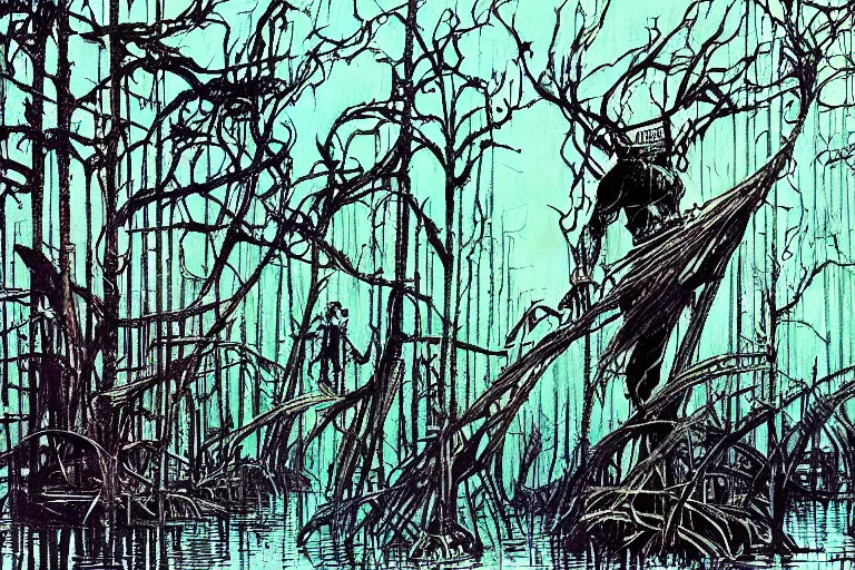 Image similar to scene from louisiana swamps, true detective, artwork by philippe druillet