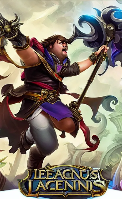 Image similar to Jack Black as a character in the game League of Legends, with a background based on the game League of Legends, detailed face, old 3d graphics