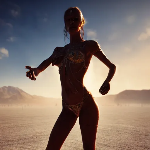 Prompt: full body pose, hyperrealistic photograph of a beautiful girl, burning man, dim volumetric lighting, 8 k, octane beautifully detailed render, extremely hyper detailed, intricate, epic composition, cinematic lighting, masterpiece, trending on artstation, very very detailed, stunning, hdr, smooth, sharp focus, high resolution, award, winning photo, dslr, 5 0 mm