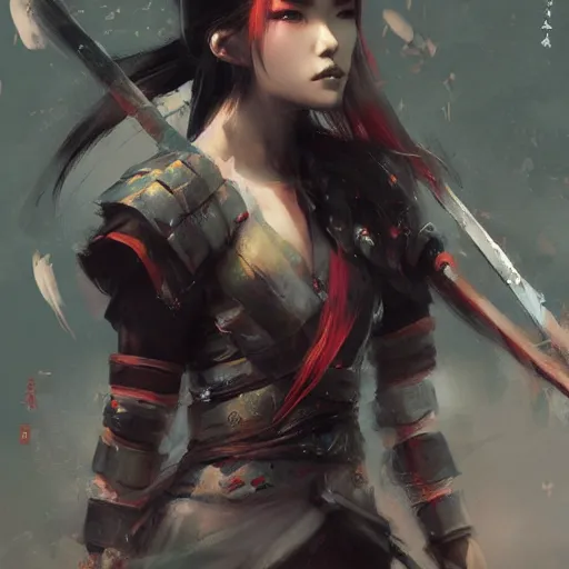 Prompt: samurai girl in the style of Ruan Jia, Ross Tran, Raymond Swanland, cinematic