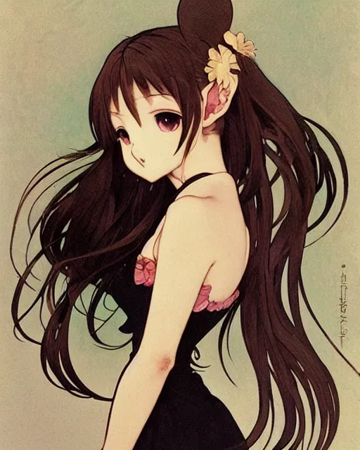 Image similar to A cute frontal painting of a very very beautiful anime skinny mousegirl with long wavy brown colored hair and small mouse ears on top of her head wearing a cute black dress and black shoes looking at the viewer, elegant, delicate, feminine, soft lines, higly detailed, smooth , pixiv art, ArtStation, artgem, art by alphonse mucha Gil Elvgren and Greg rutkowski, high quality, digital illustration, concept art, very long shot