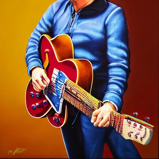 Image similar to portrait of mark knopfler, joyful, highly detailed painting by akira toriyama 8 k