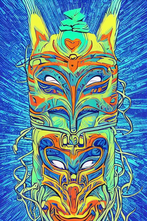 Image similar to totem animal mask tribal feather gemstone plant wood rock shaman vodoo video game vector cutout illustration vivid multicolor borderlands comics by josan gonzales and dan mumford radiating a glowing aura