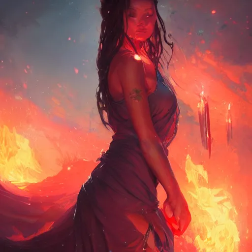 Image similar to a beautiful portrait of a flame goddess by Greg Rutkowski and Raymond Swanland, Trending on Artstation, Flaming Background, ultra realistic digital art