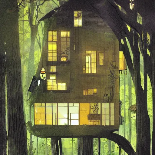 Prompt: A solar lush House in the woods, by Dave McKean and Studio Ghibli