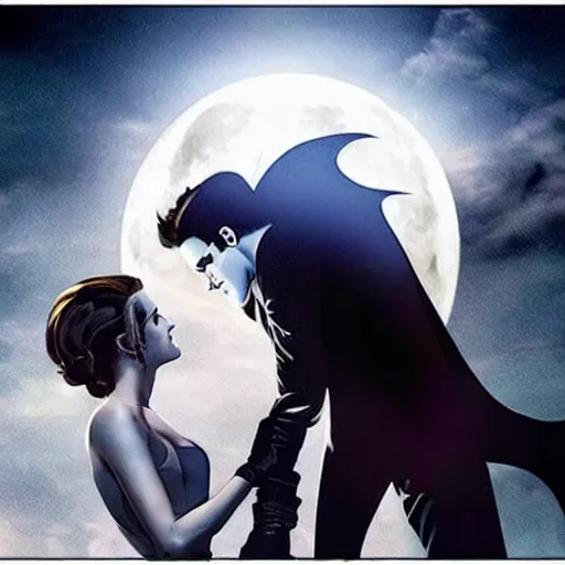 Image similar to Edward Cullen beating Batman while Bella Swan kisses the Catwoman in the background night full moon city buildings gotham city movie poster