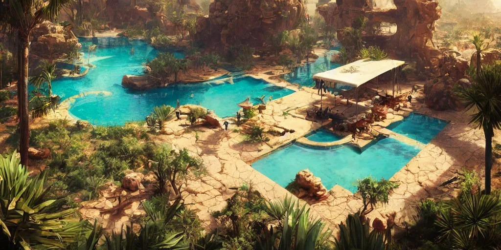 Prompt: a pool in a lush desert, greg rutkowski, zabrocki, karlkka, jayison devadas, trending on artstation, 8 k, ultra wide angle, zenith view, pincushion lens effect