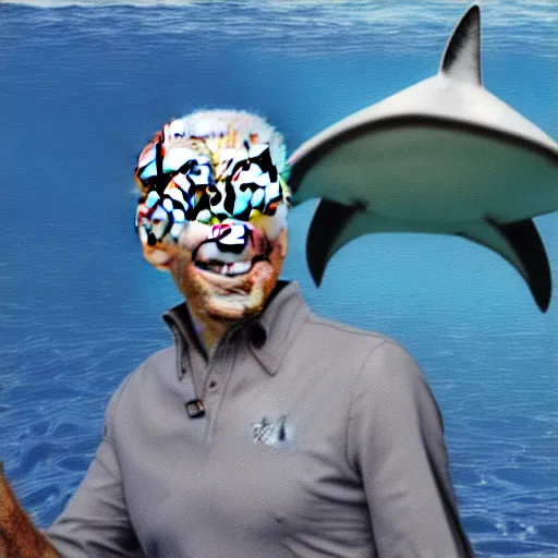 Image similar to joe biden sharkman swimming underwater, shark - human face, impressionism, fake photograph, caricature