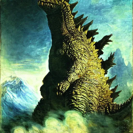 Prompt: godzilla by, by albert bierstadt, by annibale carracci, by claude monet, by frank frazetta