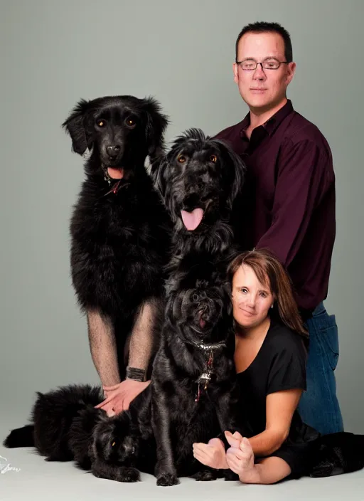 Image similar to a family portrait of a husband, wife, and their black dog. 9 0 s, studio lighting, mamiya, bulb flash