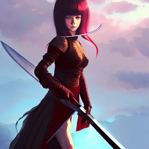 Image similar to a woman holding a sword with a dragon on it, concept art by Ilya Kuvshinov, contest winner, fantasy art, official art, concept art, high detail, experimental, high quality, hyperrealistic, 4k