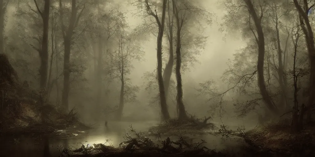 Prompt: [ a dark scene of a dense forest at night with a gentle stream through it, moonlight through trees, volumetric light and mist, fog, a dead fallen tree lays in the water ], andreas achenbach, artgerm, mikko lagerstedt, zack snyder, tokujin yoshioka